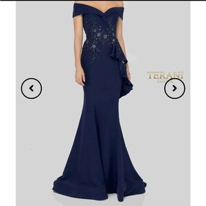 Terani Couture Navy Blue Off-Shoulder Evening Gown